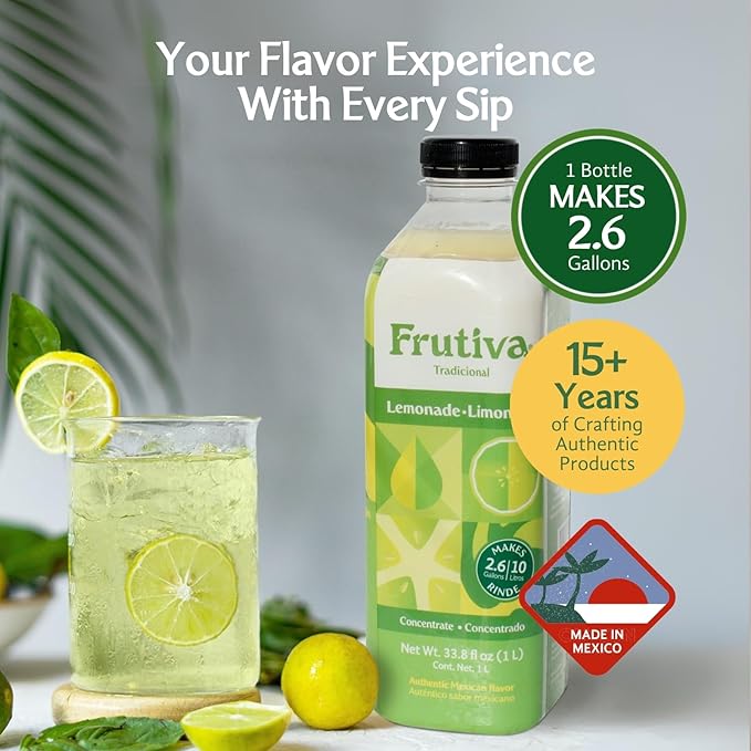 Frutiva Authentic Limonada Drink Mix | Made in Mexico with Cane Sugar | Aguas Frescas Concentrate Makes 2.6 Gallons Per Bottle | No High Fructose Corn Syrup | Perfect for Drinks Desserts &amp More |