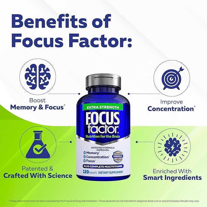 Focus Factor Adults Extra Strength 120 Count - Brain Supplement for Memory Concentration and Focus - Complete Multivitamin with DMAE Vitamin D DHA - Trusted Health Vitamins (Pack of 2)