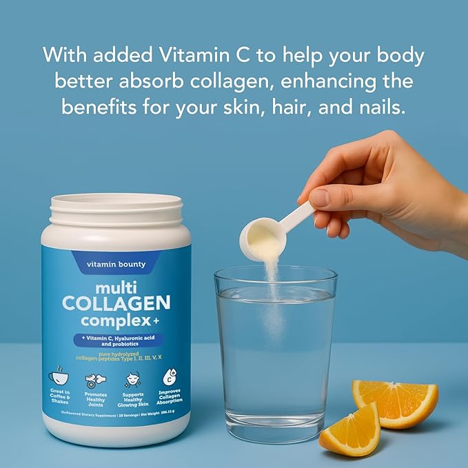 Vitamin Bounty Multi Collagen Peptides Powder for Men &amp Women (Complex Plus) - 5 Types Hydrolyzed Collagen Protein - Probiotics Vitamin C &amp Hyaluronic Acid - Grass Fed Bovine Supplements 28