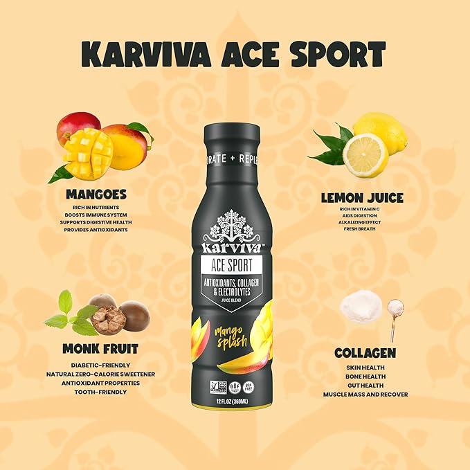 KARVIVA ACE Collagen Hydration Juice Healthy Joints Skin &amp Hair Support Antioxidant-Rich Marine Collagen Natural Electrolytes Low-Sugar Low-Calories Non-GMO Vitamin C Boost Mango Splash