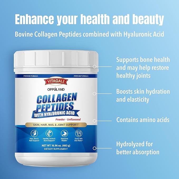 Collagen Peptides Powder with Hyaluronic Acid – Hydrolyzed Protein for Men &amp Women – Unflavored Collagen Supplement – Clean &amp Simple Ingredients – Skin Hair Nail &amp Joint Support - 483 g