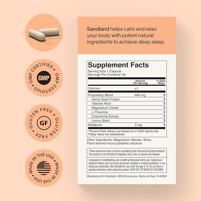 Sandland Deep Sleep with Melatonin Natural Daily Sleep Supplement 30 Capsules 3mg Melatonin Magnesium Valerian Root L-Theanine Lemon Balm and Chamomile Made in The USA
