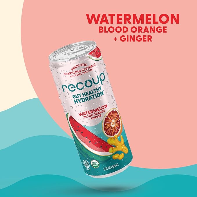 Recoup Organic Sparkling Prebiotic Drink - Ginger with Electrolytes for Gut Health Support &amp Hydration No Added Sugar ((Pack of 12) Watermelon Blood Orange + Ginger)