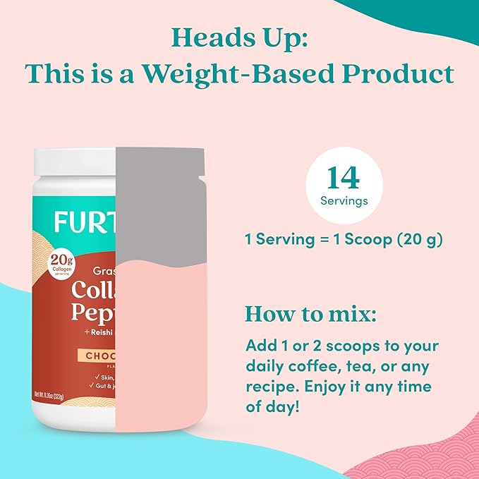 Further Food Chocolate Collagen Peptides Powder with Reishi Mushroom - 100% Grass-Fed Hydrolyzed Type 1 &amp 3 20g of Collagen per Serving Supports Skin Hair Nails &amp Joints 11.36 Oz