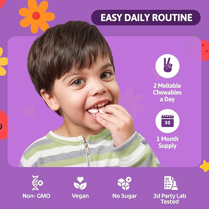 Bloomwise Kids Supplements for Focus &amp Calm 14-in-1 Brain Behavior Mood &amp Attention Support | Magnesium Saffron Zinc Vitamin D &amp B12 | Sugar-Free Vegan Berry Meltables 60 chewable Ta