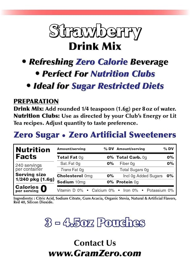 GramZero Strawberry Zero Calorie Sugar Free Drink Mix Great For Nutrition Club Loaded Teas Stevia Sweetened