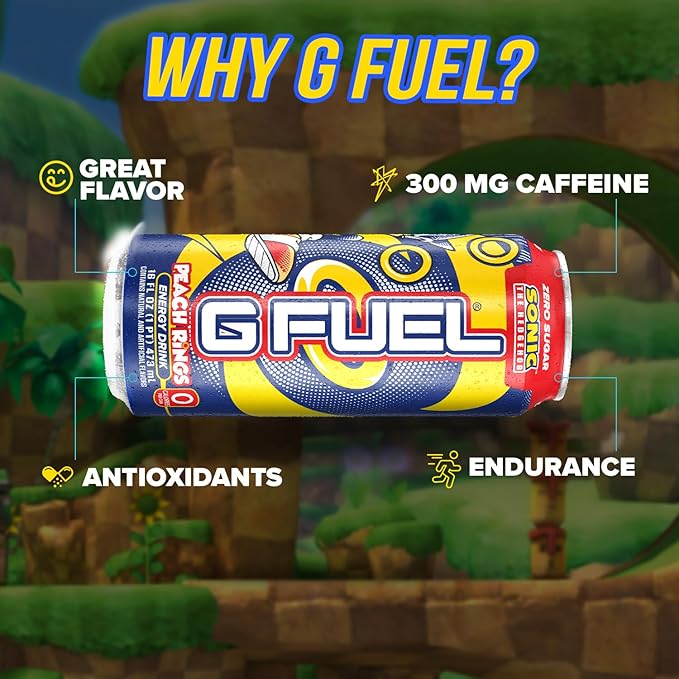 G Fuel Energy Drink Peach Ring Candy Sugar Free Beverage with 300mg Caffeine Daily Energy Boost with Focus Amino Vitamin + Antioxidants 16 oz Cans (Sonic 12-Pack)