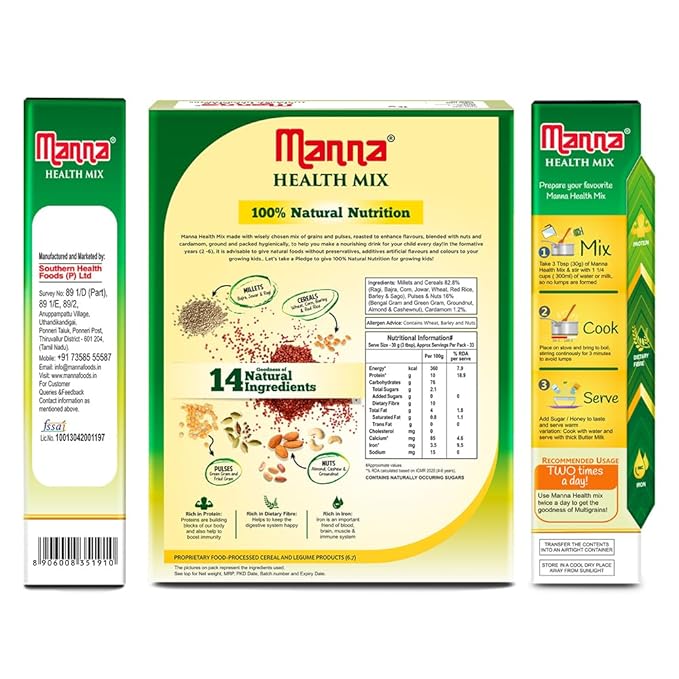 Manna Health Mix | 100% Natural Drink for Kids | 14 Natural Ingredients | Millets | Sathu Maavu | Porridge Mix | No Sugars &amp No Additives 907g / 2lb