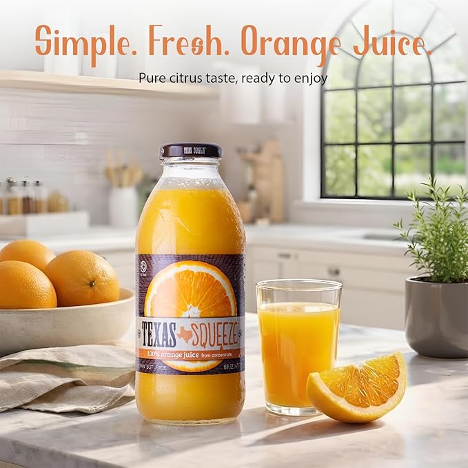 Texas Squeeze Orange Juice NON GMO Verified Texas Grown and Bottled Orange Juice from Concentrate No Sugar Added No Preservatives 16 fl oz Pack of 12