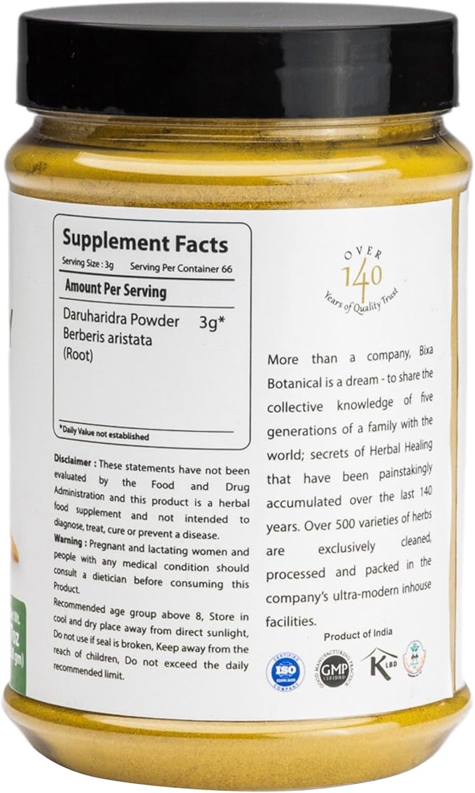 bixa BOTANICAL Berberry Root Powder | Berberis Aristata (Daruharidra) | 200 Grams / 7 OZ | Gluten Free Steam Treated Vegan 100% Pure.