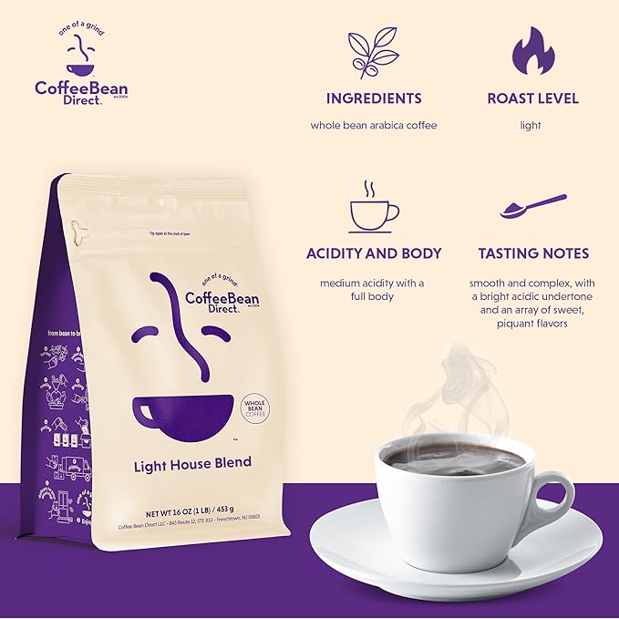 Coffee Bean Direct Light House Blend Whole Bean Coffee Bright &amp Balanced Light Roast 1 Pound Bag (Pack of 1)