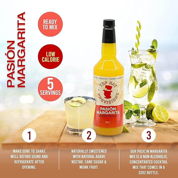 Top Hat Passion Fruit Margarita Drink Mix (Pasión Margarita) - Handcrafted with Passion Fruit Organic Agave Nectar &amp Organic Lime Juice - Low Calorie - 2 Pack of 32oz Bottles