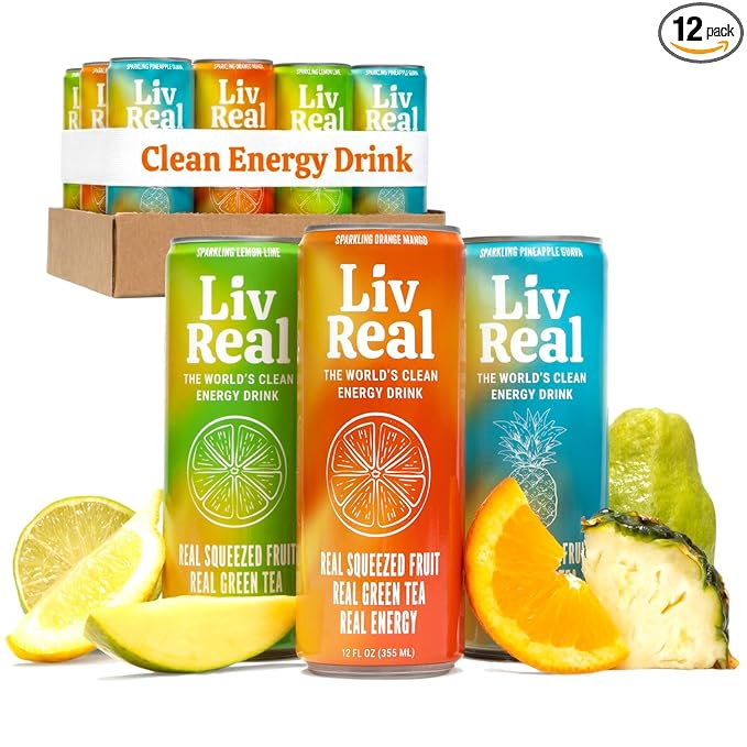 LivReal Clean Energy Drink – Organic Green Tea Caffeine 125mg + L-Theanine 100mg – Real Fruit No Sweeteners or Flavorings – Vitamin C &amp B Complex – Sparkling Variety Pack Water – 12 Pack 12 fl o