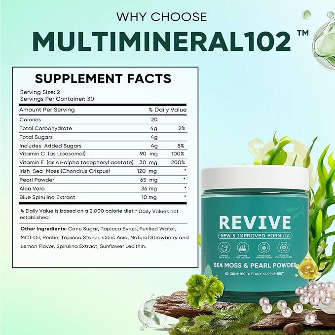 Revive Hair Gummies Balmbare Revive Gummies for Hair Promotes Thicker Fuller Stronger Hair with Organic Irish Sea Moss Pearl Powder Glow Vitamin C/E Aloe Vera 60 Count