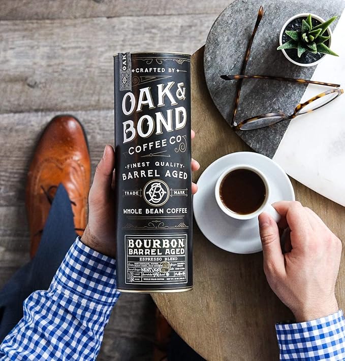 Espresso Bourbon Barrel Aged Coffee Colombia &amp Brazil Blend Whole Bean Arabica Dark Roast w/ Chocolate Black Cherry Toffee Rich Kentucky Bourbon &amp Oak Flavors by Oak &amp Bond Coffee Co