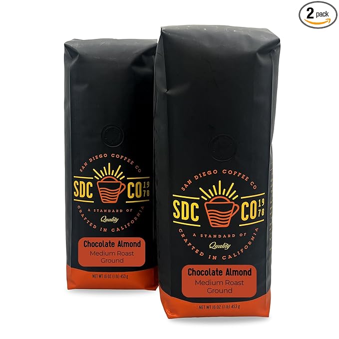 San Diego Coffee Chocolate Almond Medium Roast Ground Coffee 16-Ounce Bags (Pack of 2) Café molido tostado