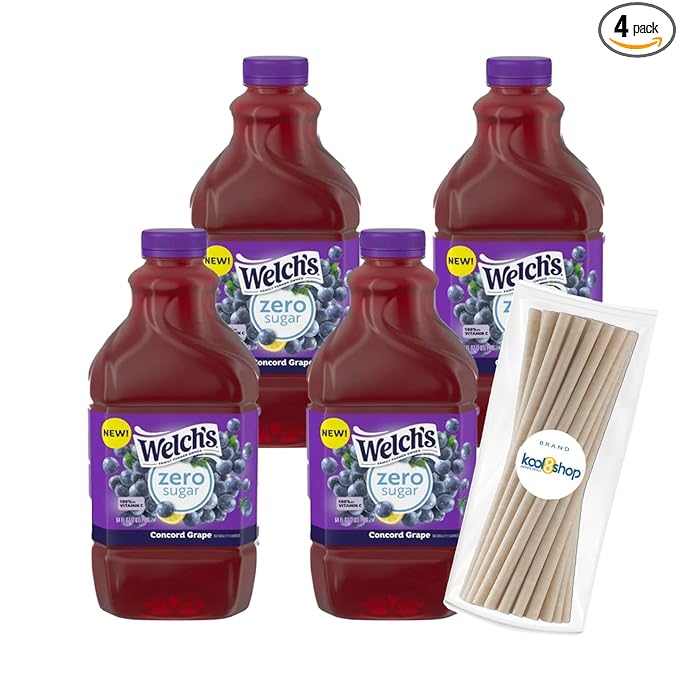 Welch's Zero Sugar Concord Grape Fruit Juice Drink 64 fl oz Plastic Bottles 4 Pack + 15 Sugarcane Disposable Straws by KOOL8SHOP Infinite Deals