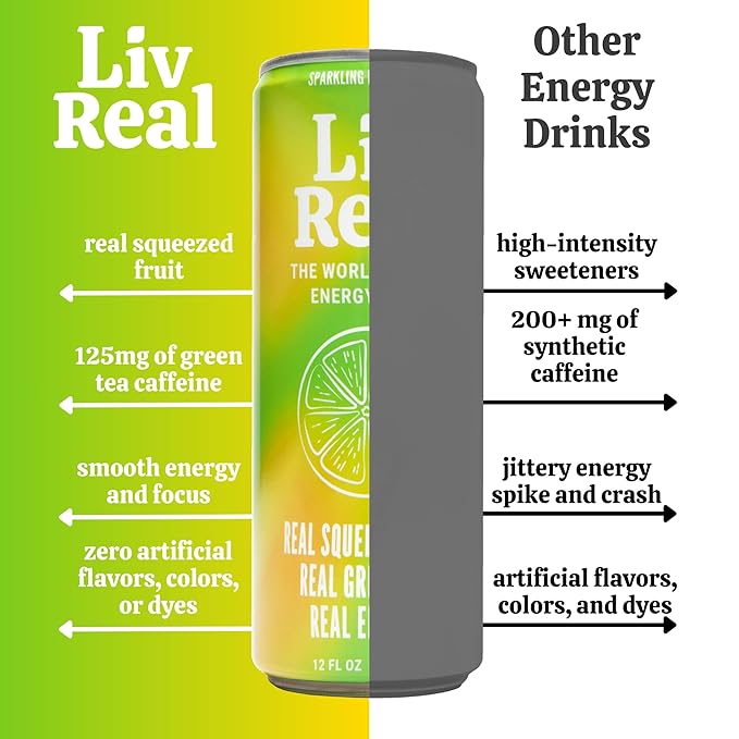 LivReal Clean Energy Drink – Organic Green Tea Caffeine 125mg + L-Theanine 100mg – Real Fruit No Sweeteners or Flavorings – Vitamin C &amp B Complex – Sparkling Lemon Lime Water 12 Pack 12 fl oz