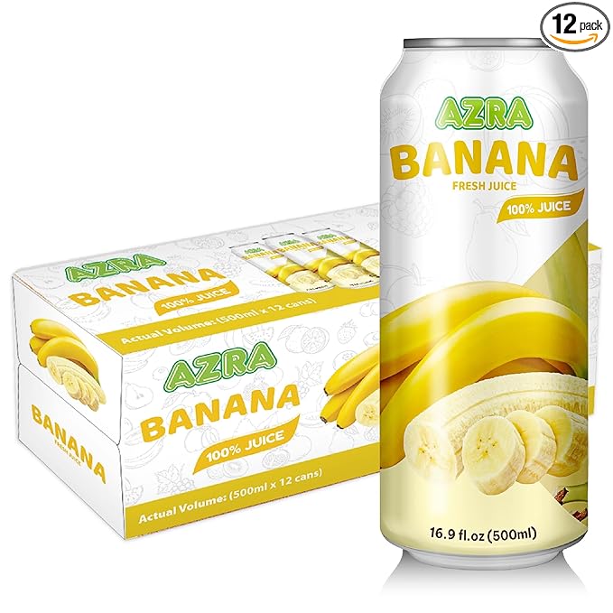 AZRA 100% Banana Juice 500 ml Can (Pack of 12) – Real Fruit Beverages with No Sugar Added – Healthy Drinks and Fresh Juice – Natural 100 Percent Fruit Drink – 16.9 fl oz Cans