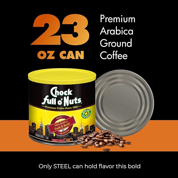 Chock Full o' Nuts Dark &amp Bold Ground Coffee – Premium Beans in Recyclable Steel Can – Rich Flavor &amp Aroma Dark Roast – Perfect for Drip Pour-Over Percolator – 23 Oz Can (Pack of 2)
