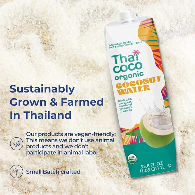 Thai Coco Organic Coconut Water No Sugar Added No Artificial Ingredients Natural Electrolytes 100% Pure Not from Concentrate - 33.8 fl. oz. (6 Pk)