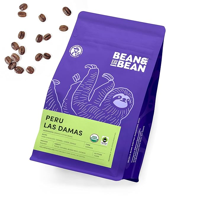 Bean &amp Bean Peru Las Damas Single Origin Coffee – Peruvian Organic Whole Coffee Beans – Velvety Caramel Coffee – Fair Trade Peruvian Coffee - Sweet Smooth and Complex Whole Medium Roast 11oz