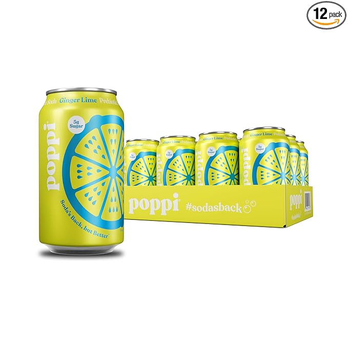 Poppi Sparkling Prebiotic Soda Beverage with Apple Cider Vinegar Seltzer Water and Fruit Juice Ginger Lime Flavor 12 FL Oz Pack of 12 Packaging May Vary