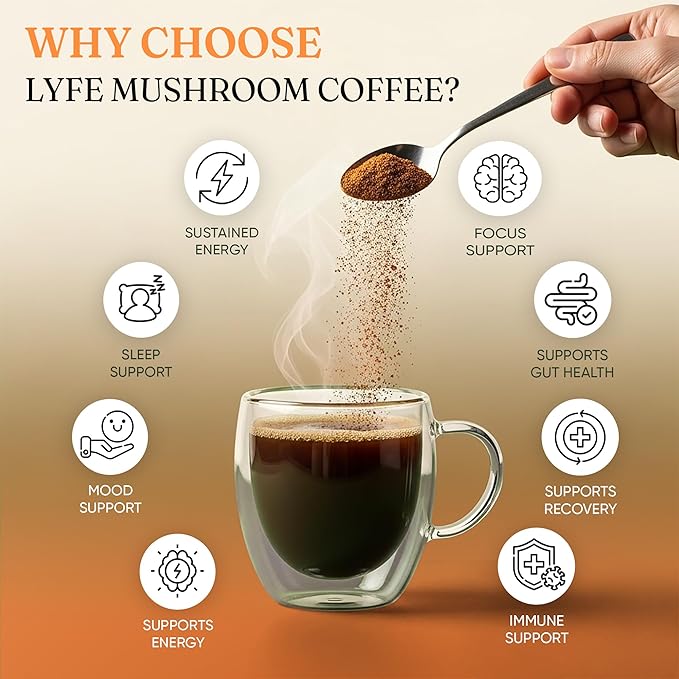 LYFE Organic Instant Decaf Mushroom Coffee 40 Servings – Lion’s Mane Chaga Cordyceps &amp Turkey Tail | Adaptogenic Blend for Energy Focus &amp Wellness | Natural Superfood Coffee for Daily Vita