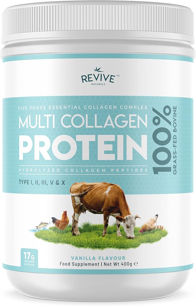 Revive Naturals Vanilla Multi Collagen Protein Powder - 400g - Unsweetened - 5 Types of Collagen Peptides - Hydrolyzed Grass Fed Bovine Wild Caught Marine &amp Free-Range Chicken - Keto Approved