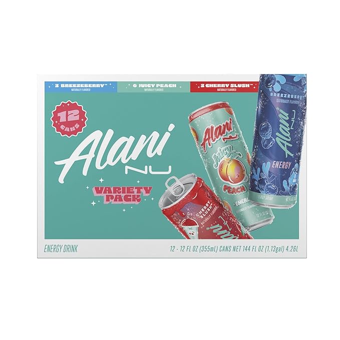 Alani Energy Drinks Christmas Holiday Variety Pack | Breezeberry Juicy Peach &amp Cherry Slush Variety Pack | Sugar-Free Low-Calorie Energy Boost Drink 12 fl oz (Pack of 12) | Winter Limited Editi