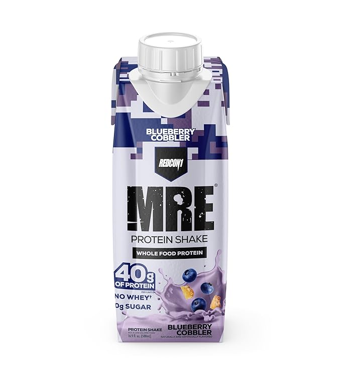 REDCON1 MRE Ready to Drink Protein Shakes Blueberry Cobbler - Lactose + Whey Free RTD Protein Made with Real Whole Food Protein Blends - Keto-Friendly and Easy to Digest Nutritional Shake (12 Pack)