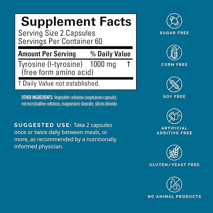 BRAINMD Dr Amen Tyrosine - 120 Capsules - Promotes Mental Focus Clarity &amp Alertness - Gluten Free - 60 Servings