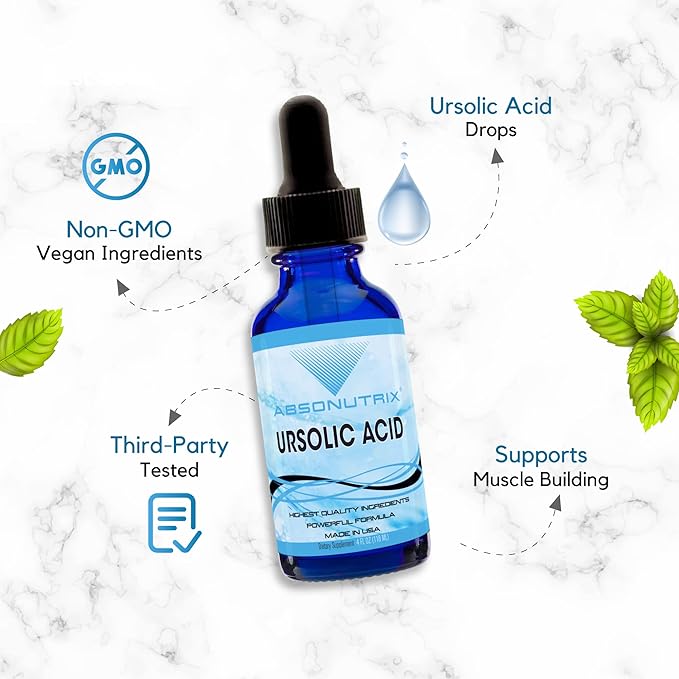 Absonutrix Ursolic Acid 590mg 4 Fl Oz Bottle 200 Highly Potent Servings High Bioavailability Quick Absorption Third-Party Tested GMP-Certified Non-GMO Cruelty-Free Products Made in USA