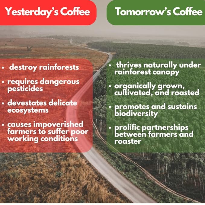 Tomorrow's Coffee Organic Smithsonian Bird Friendly Certified Fair Trade Shade Grown Coffee Dark French Roast with chocolate flavor | Sustains Amazon Rainforest Compostable Bag Eco-Friendly Pack