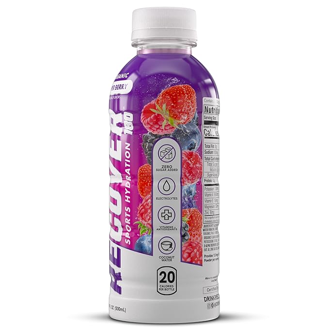 RECOVER 180 Organic Sports Hydration Drink No Sugar Added 20 Calorie Sports Beverage Organic Flavors With Vitamins Potassium-Packed Electrolytes (16.9 Fl Oz (Pack of 12) Super Berry)