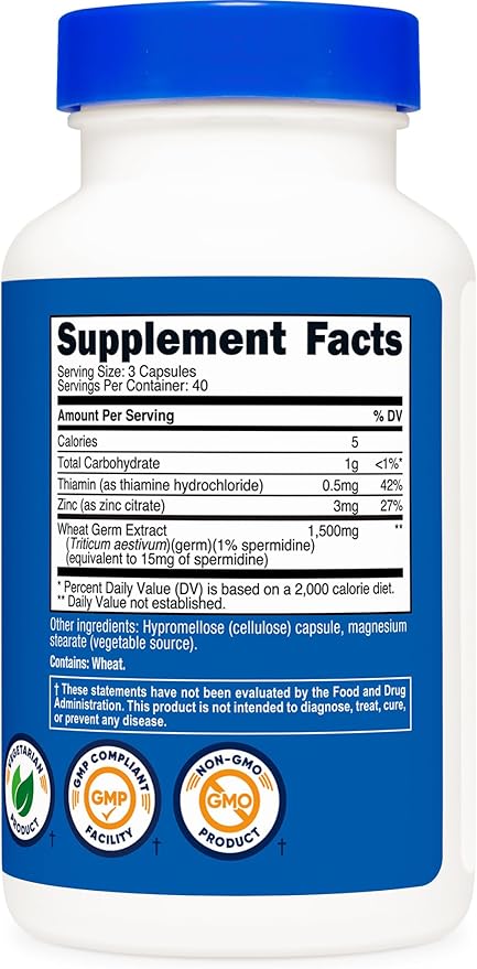 Nutricost Spermidine Wheat Germ Extract Supplement 120 Capsules for 40 Servings Per Bottle - Vegetarian GMO Free
