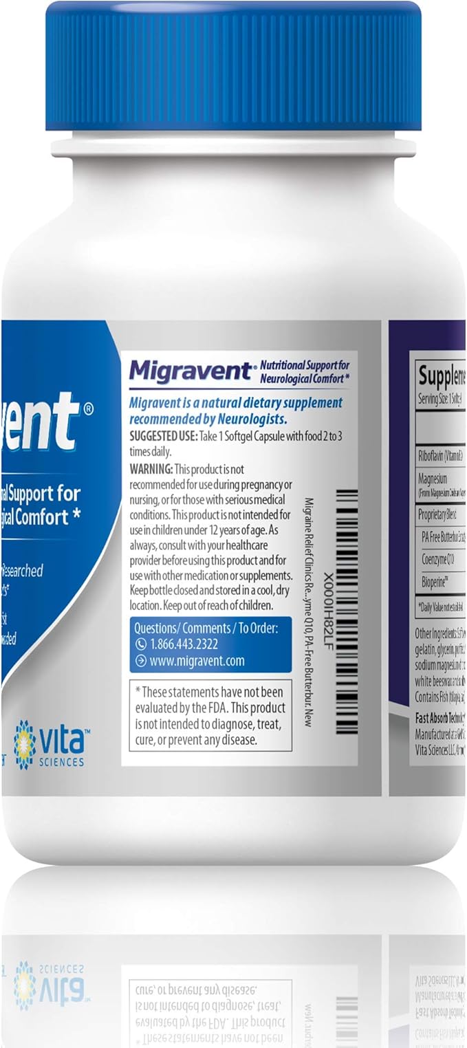Vita Sciences Migravent – Advanced Nutritional Formula with Magnesium CoQ10 Vitamin B2 and Butterbur for Brain and Circulatory Wellness – 60 Capsules