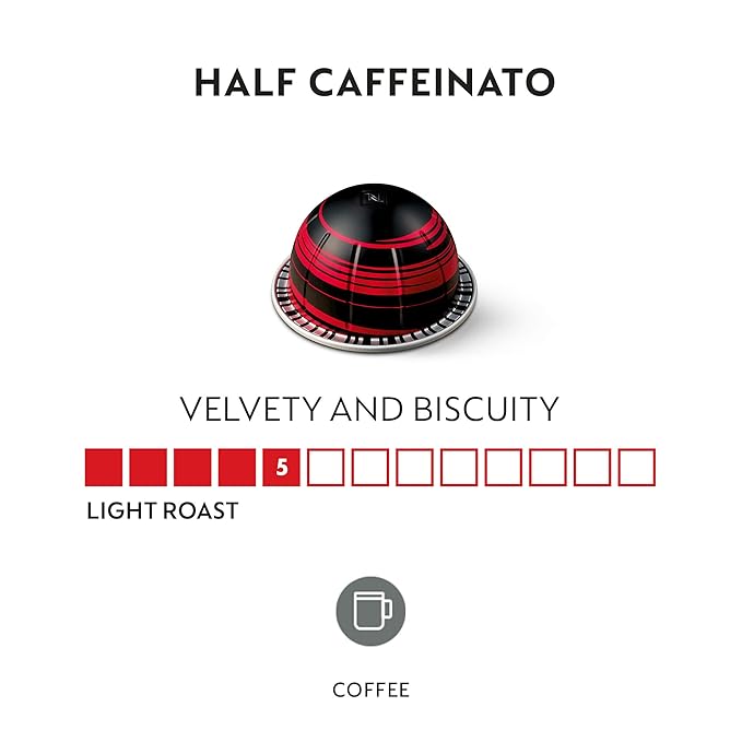 Nespresso Capsules Vertuo Half Caffeinato Mild Roast Coffee 30-Count Coffee Pods Brews 7.8oz.