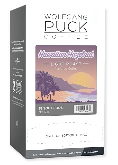 Wolfgang Puck Coffee Hawaiian Hazelnut Flavored 9.5 Gram Soft Pods 18 Count (Pack of 6)
