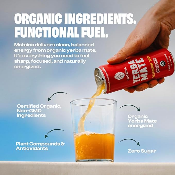 Mateina Yerba Mate Zero Sugar Energy Drink – 120mg Natural Caffeine – Organic Non-GMO Non-Carbonated – Dr. Andrew Huberman Recommended – (12 fl oz Cans 12 Pack) Raspberry Yuzu
