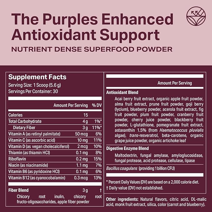 Proper The Purples Nutrient-Dense Superfood Powder - Antioxidant Supplement and Cellular Support – Acai Amla Blueberry Vitamin C B Vitamins &amp More - Enhanced with Prebiotic Fiber &amp Probio