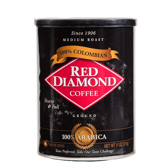 Red Diamond Ground Coffee | 100% Colombian | Medium Roast | Arabica Beans | Hearty &amp Full Flavor | 11 Ounce Resealable Can