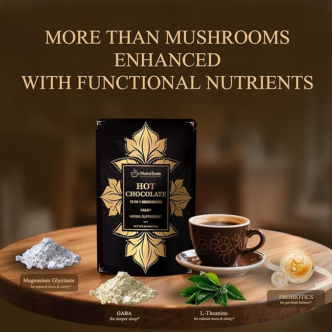 Mushroom Hot Cocoa with Magnesium Glycinate &amp L-Theanine GABA | 10-Mushroom Blend with Lion’s Mane &amp Reishi | Supports Calm Focus &amp Relaxation | Cacao Powder No Melatonin | Keto &amp Ve