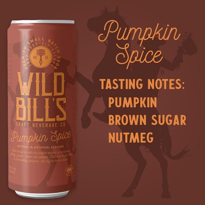 Wild Bill's Pumpkin Spice Soda Classic Craft Soda Pop Soft Drinks Sodas Made with Pure Cane Sugar Caffeine Free NO High Fructose Corn Syrup Gluten Free Vegan Low Sodium 12 Oz 12 Pack