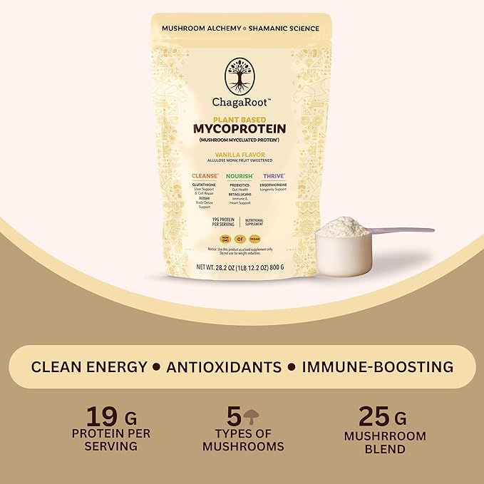 Mycoprotein Mushroom Protein Powder Vanilla - 19g of Vegan Protein Plant Based Superfood Master Blend of Chaga Reishi Turkey Tail Shiitake Lions Mane Coffee Smoothies (1.76 lb)
