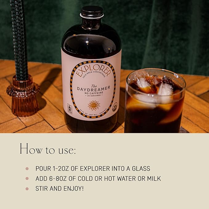 Explorer Cold Brew Organic Liquid Coffee Concentrate Daydreamer Decaf Drink Iced or Hot 32 fl oz Makes 20+ Cups
