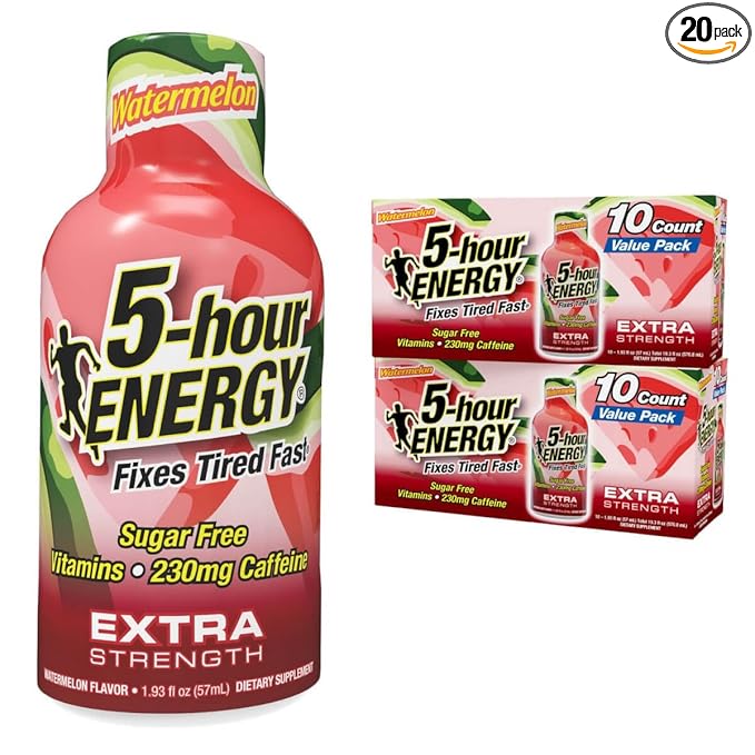5-hour ENERGY Extra Strength Watermelon Energy Shot 1.93oz 20-Pack – Sugar Free Caffeine Energy Booster with B-Vitamins &amp Amino Acids – Zero Calorie (20 Bottles – Single Flavor Watermelon)
