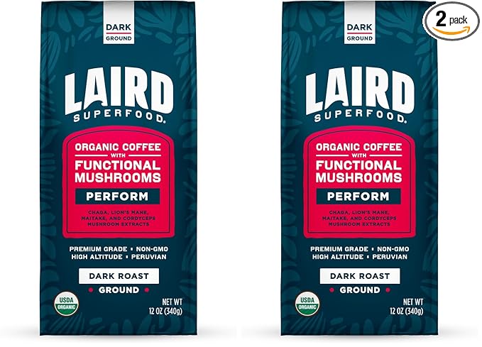 Laird Superfood Peruvian Dark Roast Coffee with Functional Mushrooms Certified Organic Peruvian Ground Coffee Beans Gluten-Free Dairy-Free Non-GMO Paleo Keto Friendly 12 oz. Bag (Pack of 2)
