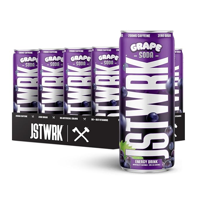 JST WRK Energy Drink - 12-Pack Sugar-Free Zero Calories No Sugar Alcohols 12 Fl Oz. 200 milligrams Caffeine (Grape Soda)