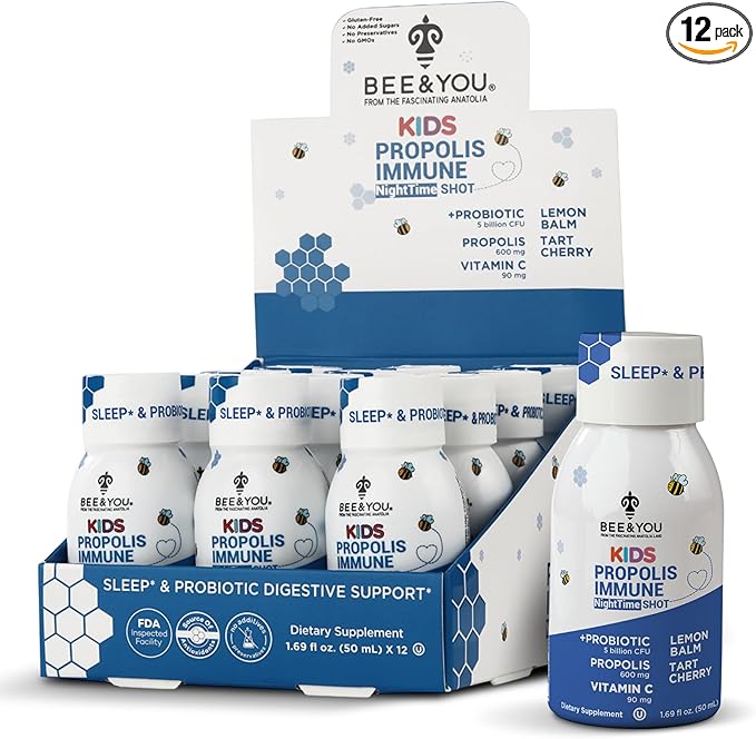 Bee and You Kids Propolis Immune Night Time Shot - Probiotic Lemon Balm Tart Cherry Sleep Support Immune Support Gut Health 1.69 Fl. oz 12 Pack